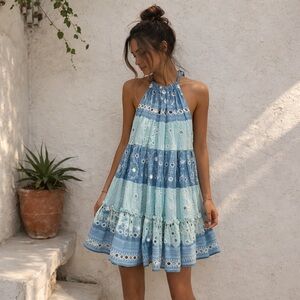 Juliet Dunn Tiered Halter Mini Dress with Sequins